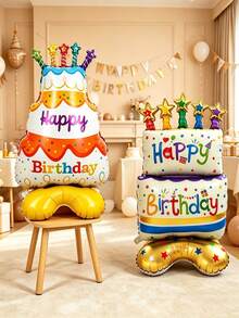 2 piezas Base de soporte para globos con diseño de pastel de cumpleaños, globos de pastel de cumpleaños de 3 niveles de colores, adecuados para decoración de fiesta de cumpleaños y aniversario - Ver 1
