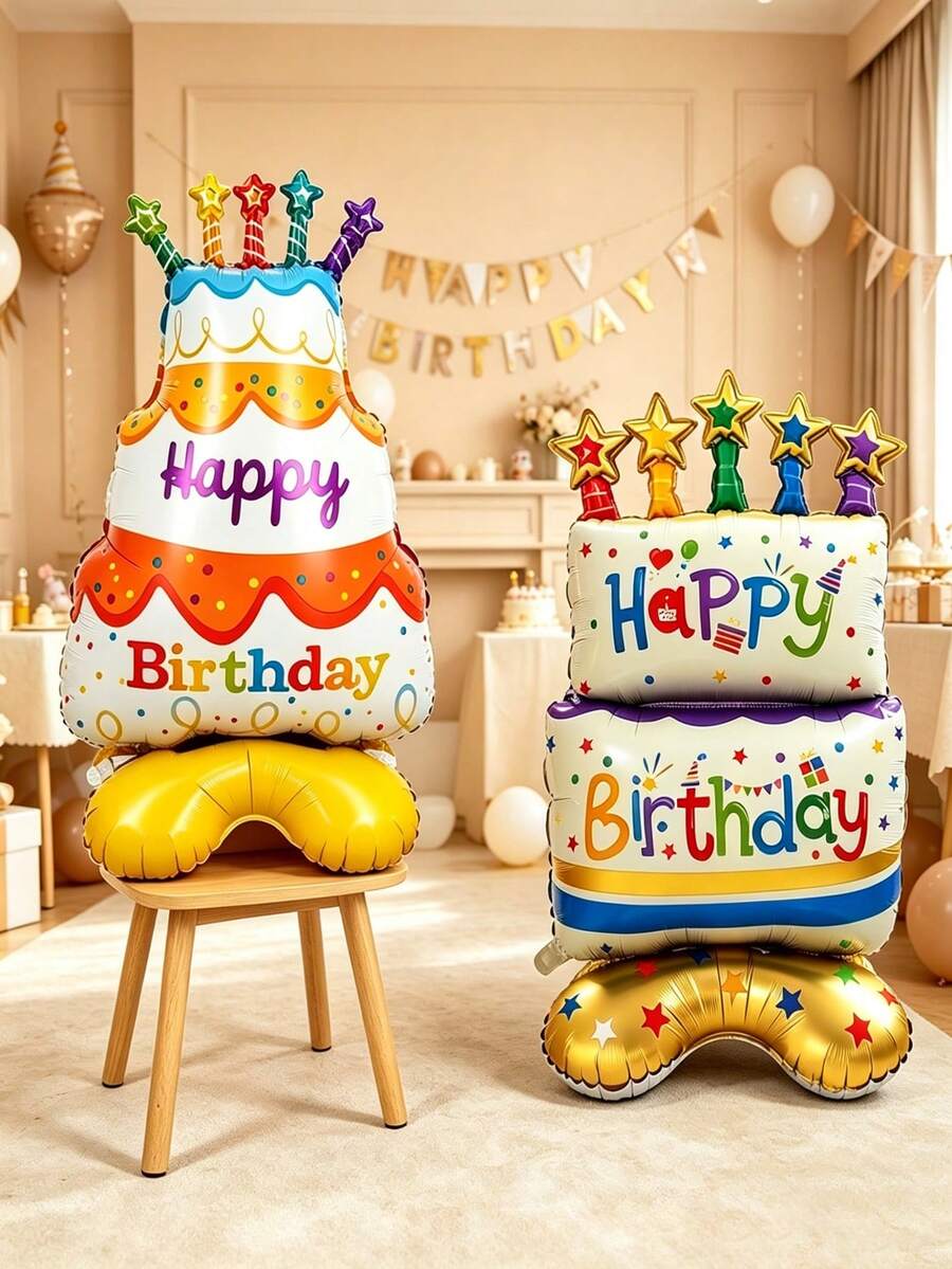 2 piezas Base de soporte para globos con diseño de pastel de cumpleaños, globos de pastel de cumpleaños de 3 niveles de colores, adecuados para decoración de fiesta de cumpleaños y aniversario - Ver 1