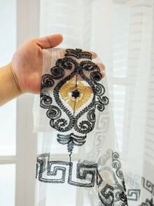 1pc White Striped Geometric Embroidered Eyelet Sheer Curtain, Modern Polyester Semi-Transparent Light-Filtering Window Curtain Suitable For Living Room Bedroom All Seasons - Multicolor - View 10