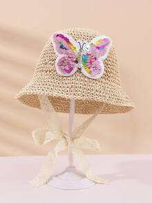 1pc Baby Girl 1-2Y Spring/Summer Sun Protection Tie-Up Hand-Woven Straw Hat - Large Butterfly - Beige - View 4
