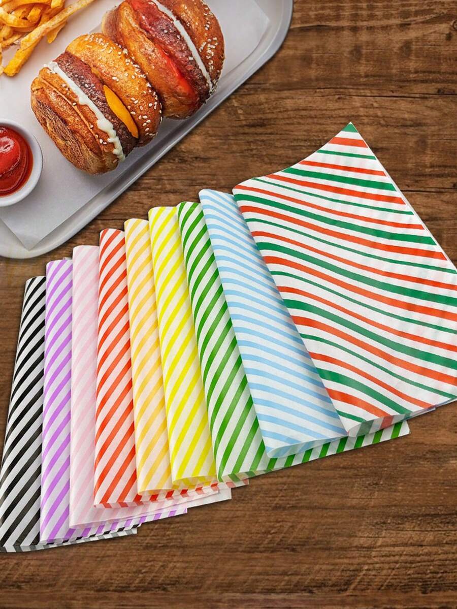 50PCS Multicolor Diagonal Striped Greaseproof Food Wrapping Paper Baking Parchment Paper Suitable For Hamburger Sandwich Wrapping Picnic Camping BBQ Party Birthday Holiday Gathering And Home Baking - Multicolor - View 1
