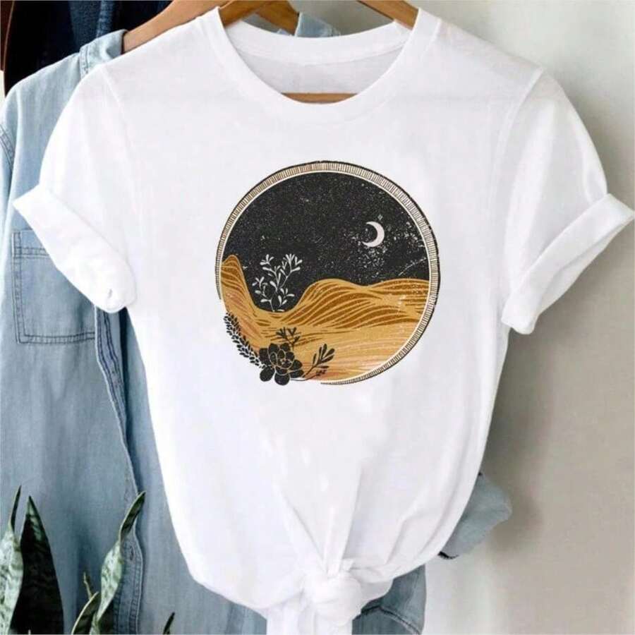 2026 Women's Quality Casual Cotton T-Shirt, Women's T-Shirts With Cartoon And Wine Print, Fun And Fashionable Clothes For Spring Summer, Elegant Women's T-Shirt, Printed T-Shirt For Girls, Unisex Basic T-Shirt - 白色 7 - 查看 1