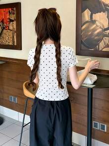 波點女款圓領修身短袖T恤，夏季修飾身形美式風格百搭辣妹上衣，休閒款 - 波點-白色 - 查看 5