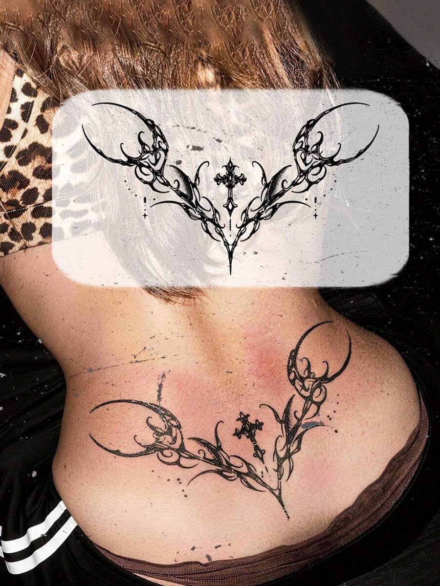 STARTTOOS Sexy Succubus Tattoo-Aufkleber für den unteren Rücken dunkles gotisches Cyber-Totem, geeignet für Brust, Taille, Bauch DIY Karnevalsparty Feiertagsgeschenk Körper Haut wasserdicht realistischer Tattoo-Aufkleber - Schwarz - Übersicht 1