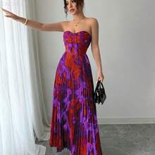 yonghongmaoyi1  Vestido plisado de impresión completa con cintura ajustada tipo bandeau - Blue Power - Ver 4