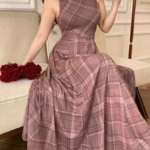 yonghongmaoyi1  Vestido de mujer elegante de cuello redondo sin mangas con estampado asimétrico de largo medio, vestido de invitada de boda de verano - Marrón - Ver 2