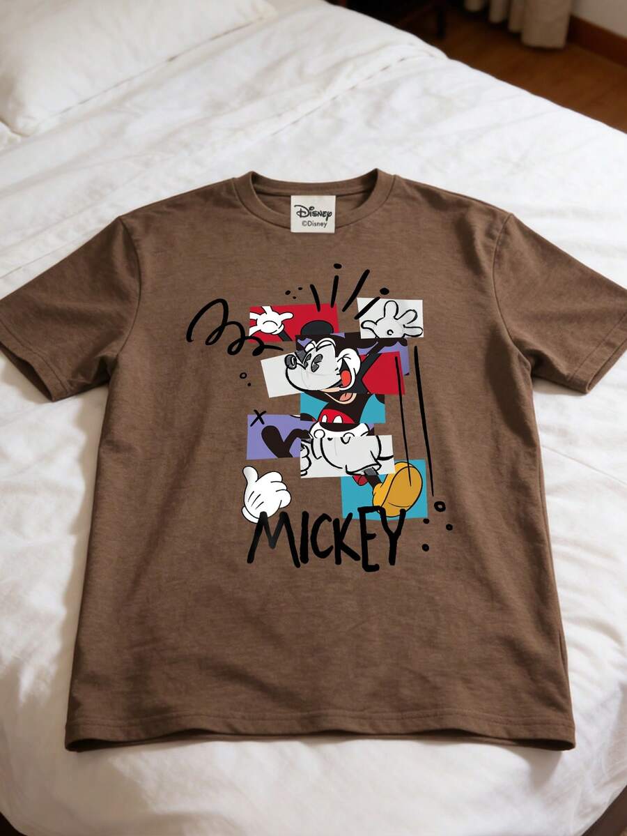 Áo thun nam cổ tròn tay ngắn phong cách đường phố vintage, chất liệu vải cao cấp, in họa tiết logo Disney Mickey Mouse - Cà phê nâu - Xem 1