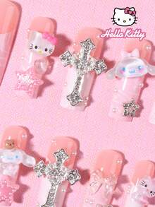 Sanrio Hello Kitty 24pcs Long Square Pink French Tip Press On Nails With 3D Cute Hello Kitty & Cinnamoroll Decorations, Rhinestones Design ,Full Fit False Nail Set,Hello Kitty Nails Supplies For Women And Girls Daily Life And Party Use - Multicolor - View 3