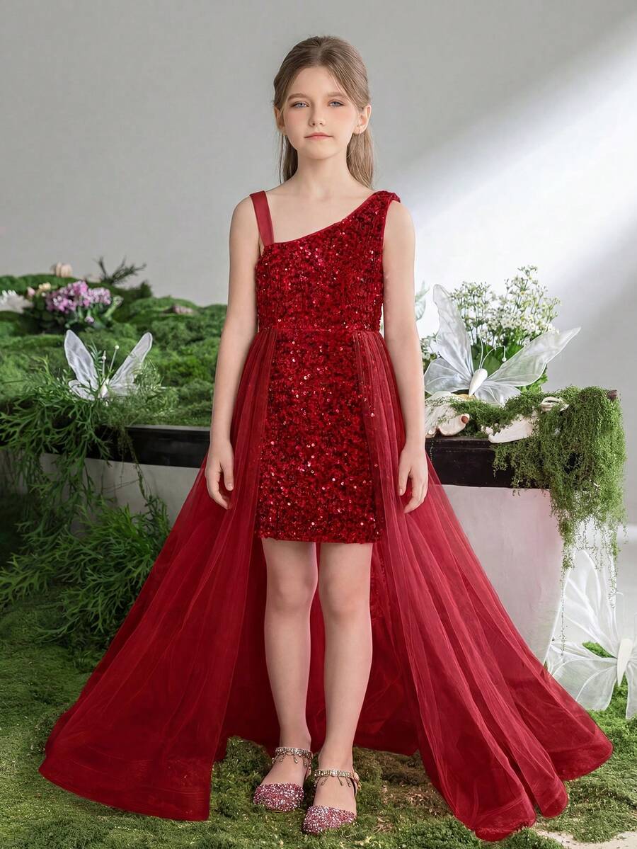 1pc Tween Girls' Sequined Dress With Asymmetric Neckline And Mesh Waist Detail
