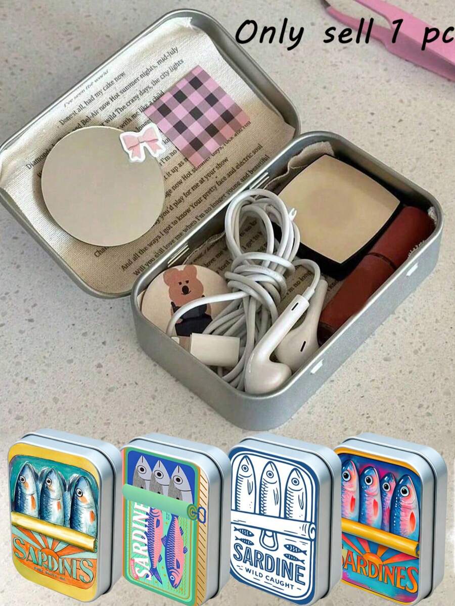 返校季沙丁魚圖案金屬鐵盒 長方形翻蓋式 DIY 迷你便攜收納盒,小巧收納容器,可折疊金屬盒,適合存放珠寶、藥丸、縫紉用品等,適用於返校季,可作為教室獎勵、整理課桌用品、辦公用品,也是母親節的完美禮物 - 彩色 - 查看 1