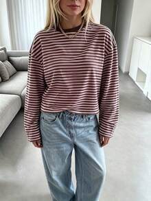 Get Rich A Women's Vacation Top Bohemian Pink & Brown Striped Round Neck Long Sleeve T-Shirt Autumn Casual Top Fall/Winter Retro Color Block Striped Shirt Vacation Casual Elegant Style Casual Daily Top Commute Minimalist T-Shirt Retro Casual Top Minimalist Casual Round Neck T-Shirt - Pinkish Brown - View 8