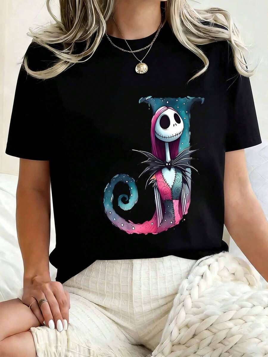 Disney Women Round Neck T Shirt Jack Skellington And Sally Character Print Casual Loose Fit Top For Halloween Party 220g - 黑色 - 查看 1