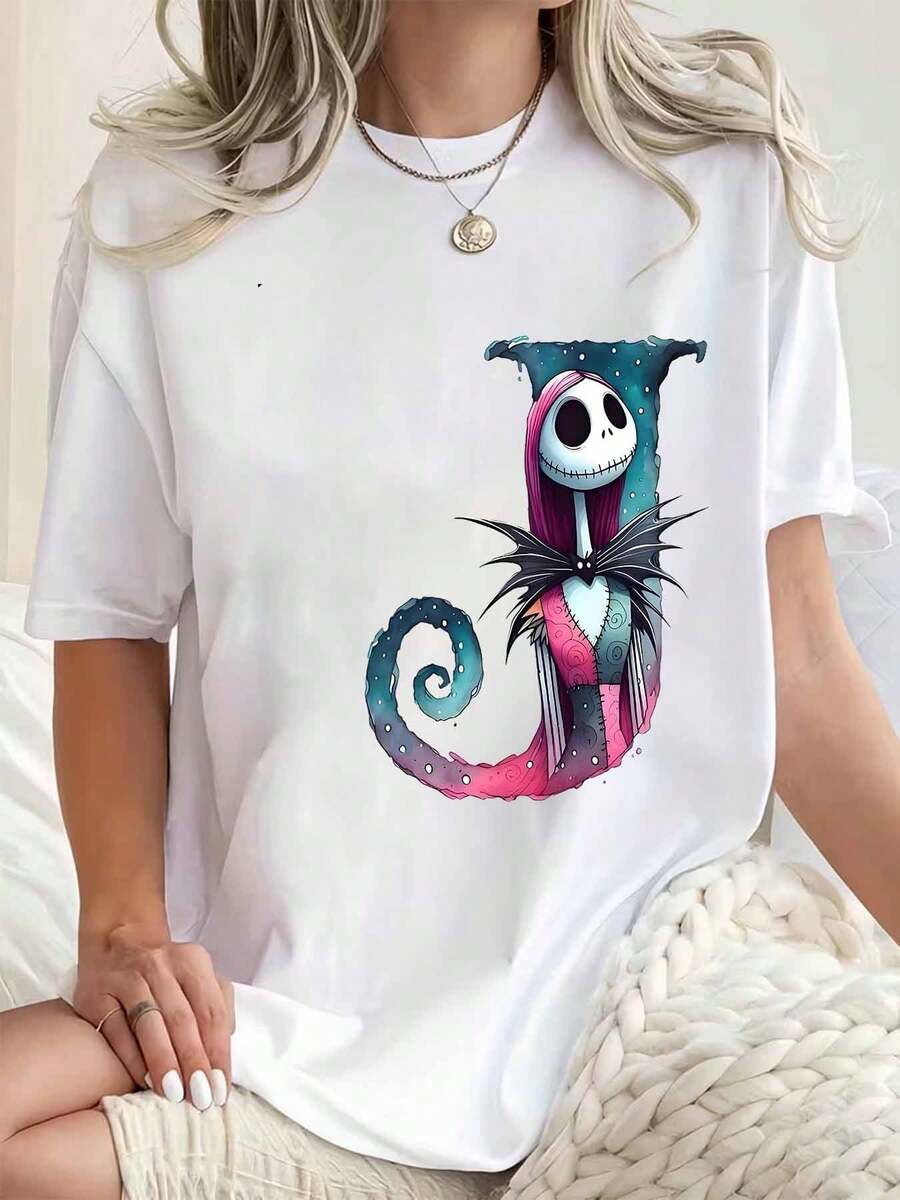 Disney Women Round Neck T Shirt Jack Skellington And Sally Character Print Casual Loose Fit Top For Halloween Party 220g - 白色 - 查看 1