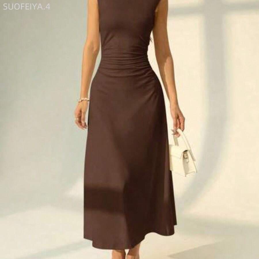 Fengyu Women's Clothing Store PETITE Vestido largo de línea A con cuello mao sin mangas y fruncido, nuevo para el Día de San Valentín. Elegante y romántico para citas y trabajo, vestidos de verano para mujeres - Marrón - Ver 1