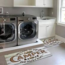 Vintage Camper Print Kitchen Rug, Non-Slip Welcome To Our Camper Floor Mat, Rustic Wood Grain Decorative Area Carpet For Kitchen, Laundry Room And Home Decor - 白色 - 查看 6