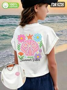Maglietta a maniche corte in cotone per ragazze pre-adolescenti, estate/autunno, con stampa ispirata alle vacanze, stile carino e dolce, femminile e preppy - Bianco - Visualizzare 3