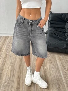 美式復古水洗磨損牛仔短褲，灰色女款夏季寬鬆休閒百搭寬腿及膝褲 - 灰色 - 查看 2