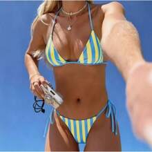 Women's Vibrant Stripe Print Bikini Set, Halter Triangle Swim Top, Tie Side Cheeky Bottom, Summer Beach Vacation Swimwear - 藍色和黃色 - 查看 8