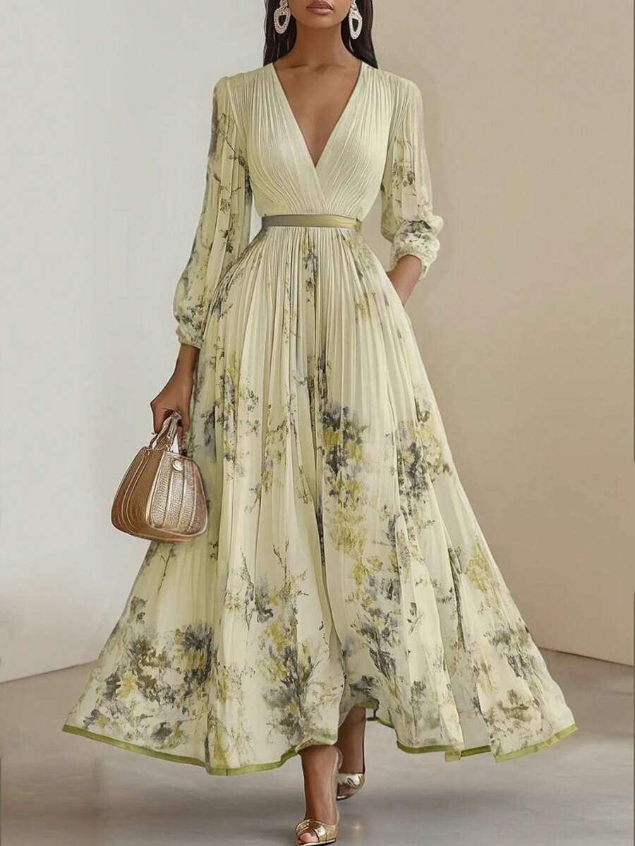 Vestido estampado para vacaciones estilo europeo gran - Amarillo - Ver 1