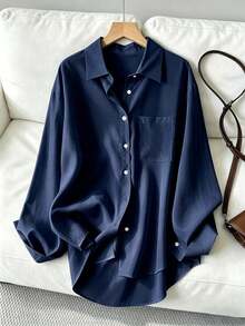 Camisa holgada de manga larga casual para mujer, primavera/otoño - Azul marino - Ver 1