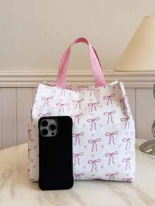 Portable Insulated Lunch Bag, Bento Bag, Dinner Thermal Bag, Thickened Cute Lunch Fruit Bag For Students, Bow Knot Pattern - Beige - View 2