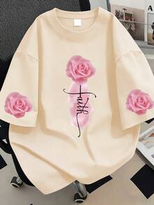 Rose Letter Print Pattern Crew Neck T-Shirt, Plus Size Women's Top, Suitable For Summer Vacation, Mother's Day, Valentine's Day And Daily Wear, Wedding, Beach, Fitness, Graduation, Party, Fashionable, Spring Top Summer Casual Top, Beach Vacation Outfit, Women's Autumn Outfit, Women's Holiday Clothing, Halloween Outfit, Christmas Outfit, New Year Outfit. - Apricot - View 1
