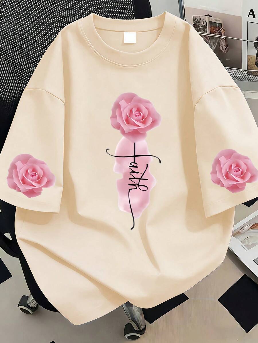 Rose Letter Print Pattern Crew Neck T-Shirt, Plus Size Women's Top, Suitable For Summer Vacation, Mother's Day, Valentine's Day And Daily Wear, Wedding, Beach, Fitness, Graduation, Party, Fashionable, Spring Top Summer Casual Top, Beach Vacation Outfit, Women's Autumn Outfit, Women's Holiday Clothing, Halloween Outfit, Christmas Outfit, New Year Outfit. - Apricot - View 1