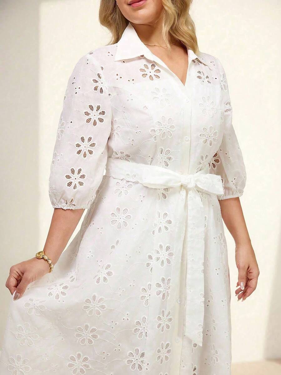Vestido largo de mujer talla con cuello en V, bordado hueco, manga farol y cinturón con lazo en la cintura, de unicolor y elegante - Blanco - Ver 1