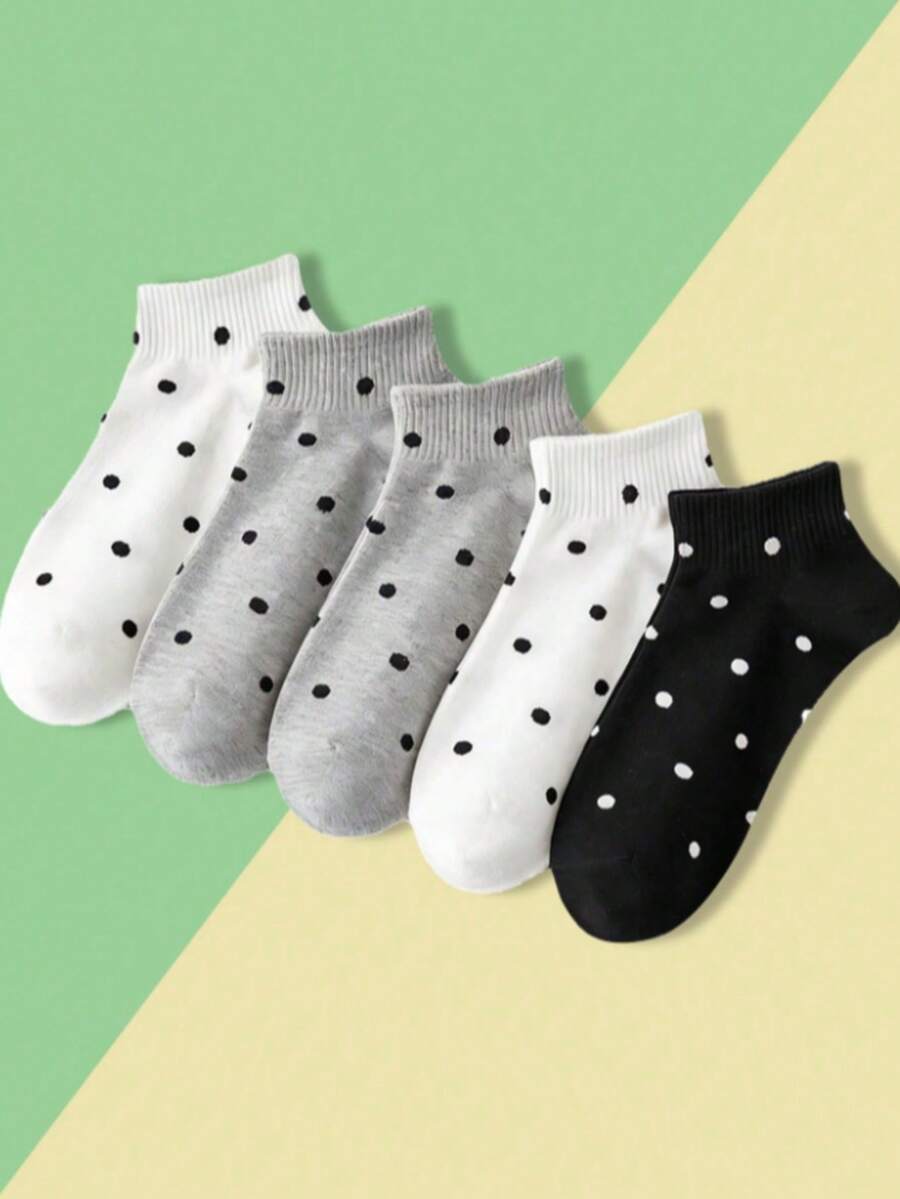 5 pares de calcetines cortos versátiles de moda con lunares para mujer - Multicolor - View 1