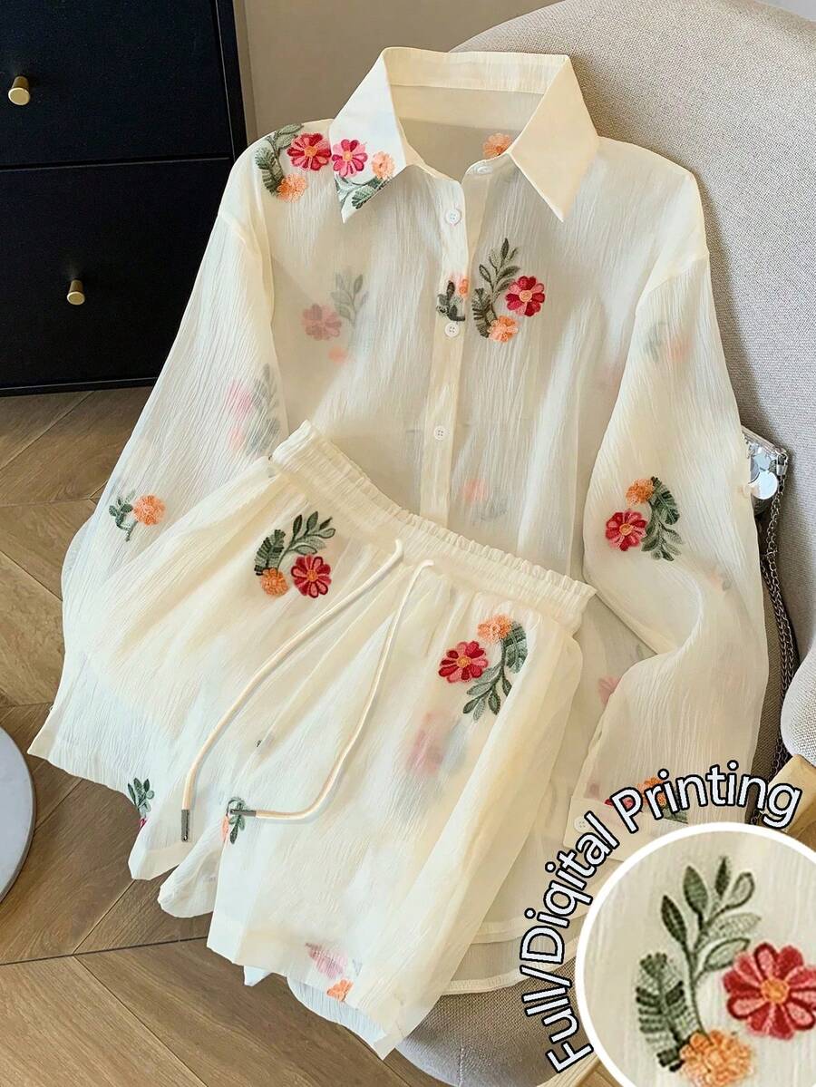 Resyla Conjunto de camisa de manga larga con hombros caídos y estampado floral de gasa holgada + pantalones cortos - Amarillo - Ver 1
