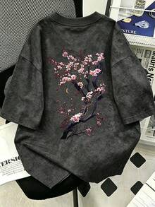 Tween Boy Printed Pullover Washed Short Sleeve T-Shirt, Student Young Children's Clothing, Summer Top Ready For Play, Suitable For Autumn/Winter Layering, INS Casual Street Beach Vacation Airport Breakfast School Daily Outfit, Versatile Styling - Dark Grey - View 2
