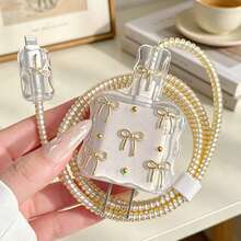 奢華亮金蝴蝶結與金珍珠充電器套組 20W/18W，充電線保護套，充電頭保護套，相容於 Apple 充電器 - 金色 - 查看 4