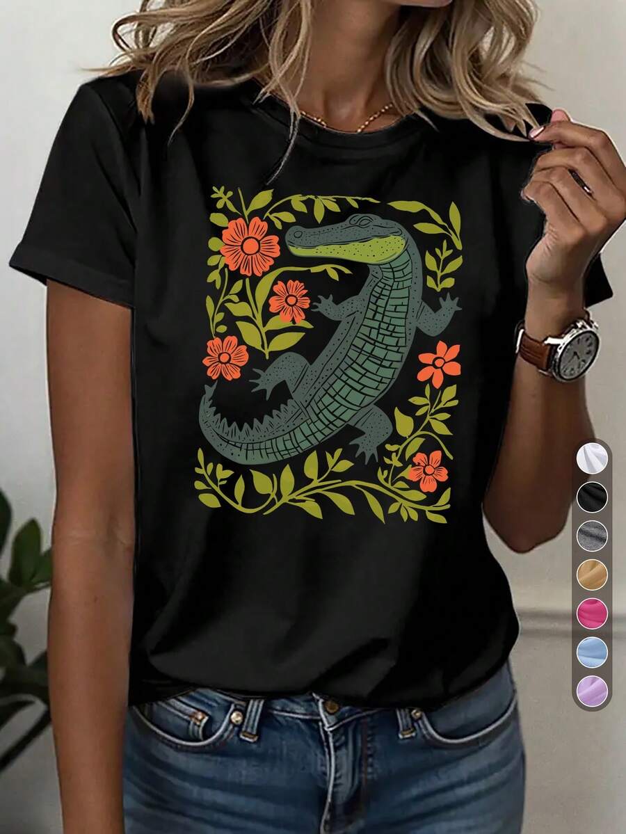 Women's T-Shirts 100% Cotton 2026 Casual Sports T-Shirt For Women, Round Neck T-Shirt, Z Z, Minimalist Floral Alligator Pattern, Literary Fashion, Daily Casual - 黑色 - 查看 1