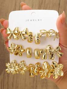 6-18pcs/Premium Vintage Textured Versatile Gold Earring Set - Gold - View 9