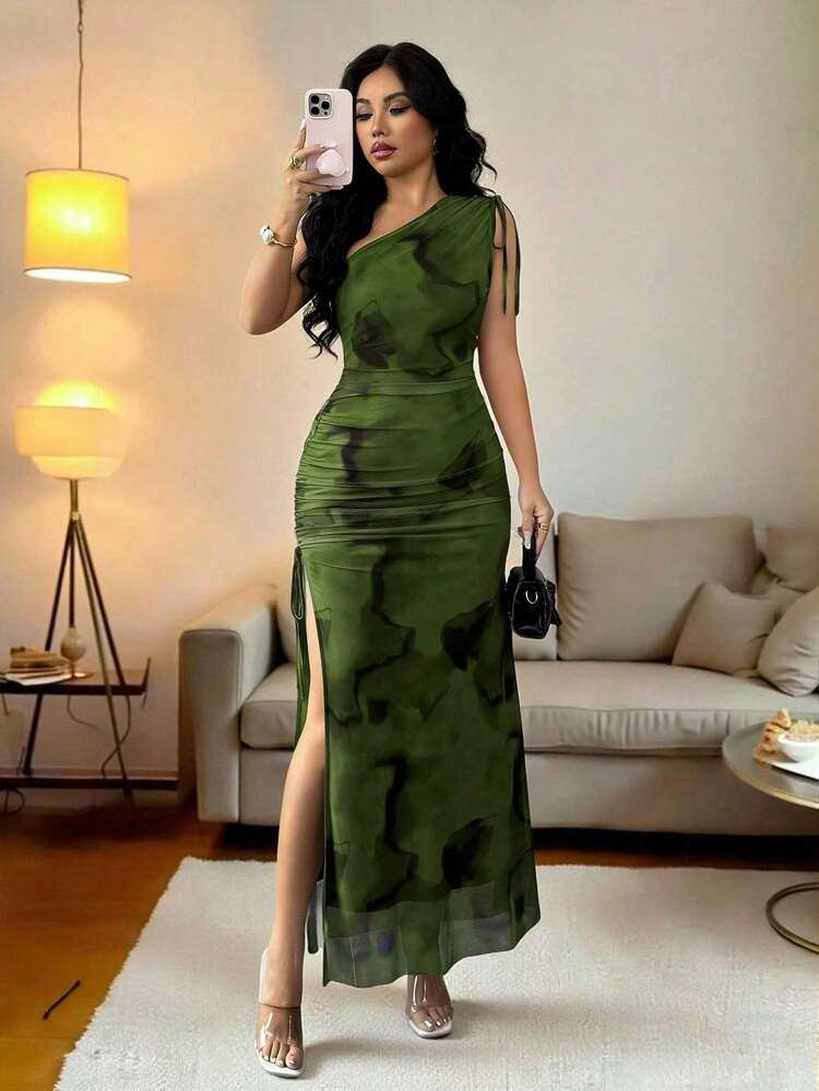 Vestido de mujer elegante con hombro asimétrico, fruncido, efecto tie-dye, malla y cordón de ajuste con abertura lateral - Verde - Añade 1