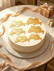 3pcs Gold Mirror Acrylic Happy Anniversary Cake Topper With Heart Background, Elegant Cursive Letter Design, Flat No-Stick Style For Cake Side Decoration, Wedding Anniversary Party Dessert Decor Supplies - A - View 6