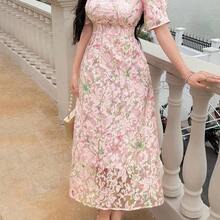 xuehuamaoyi02  Vestido largo de cuello redondo con textura elegante para mujer, adecuado para vestidos de verano de primavera y verano - Rosa - Ver 5
