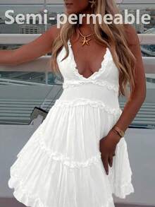 Women's Solid Color Ruffled Backless Sleeveless Beach Holiday Dress - 白色 - 查看 3