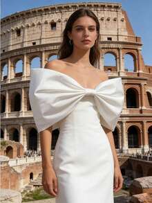 1pc White Satin Exaggerated PuffBowknot White Bridal Shawl Accessory - Multicolor - View 1