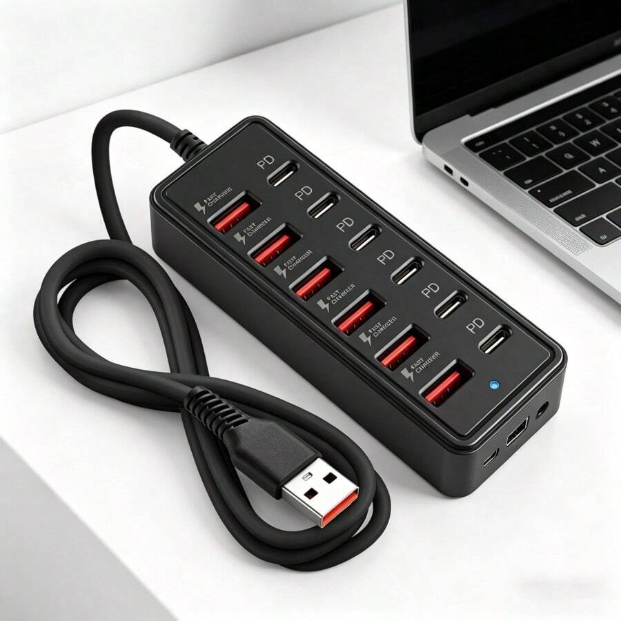 An 12-In-1 USB Hub With 66W PD Fast Charging And Data Transfer, A Compact Multi-Port Adapter Compatible With USB Devices Like Laptops, Tablets, Smartphones, USB Drives, External Hard Drives, Suitable For Home, Office, Travel, Computers, Cameras,12-In-1 66W Fast Charging Station | 6 USB Ports + 6 Type-C PD Fast Charging Ports Power Hub, Compatible With IPhone, , Laptops, Phones