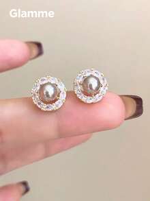 1 par de pendientes de botón de perla y circonita color oro champán para mujer, pendientes de lujo para ir al trabajo, sencillos y versátiles, para uso diario y fiestas de noche - Café - Ver 5