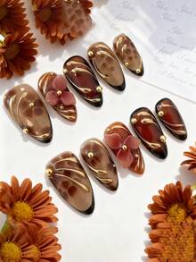 10pcs/Set Autumn/Winter Wearable Nails: Almond Shape, With Gold-Plated 3D Floral Decoration, Rhinestone Embellishments And Fashionable Leopard Print Design - Multicolor - View 1