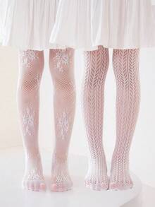 2 Pairs Girls White Hollow Mesh Tights, Multi-Purpose - White - View 7