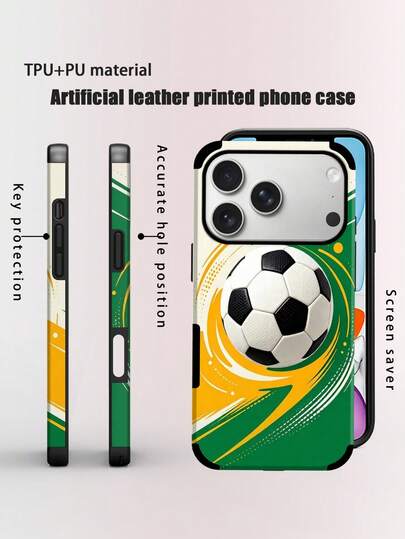 1pc Sports Football Pattern Soft Leather Shock-Absorbing Protective Phone Case, Suitable For Apple 17 Pro Max/16 Pro Max/16 Plus/13 Pro Max/14 Pro Max 13 14 11 12 Pro 11/15 Pro, Galaxy S24 Ultra, Speaker Hole Design, Holiday Gift