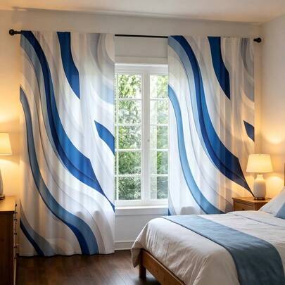2pcs Modern Geometric-Style Curtains Featuring An Abstract Wavy Stripe Pattern-An Interplay Of Deep Blue,Light Blue,And White.2D Flat-Printed,These Lightweight,Light-Filtering Curtains Offer A Simple Yet Versatile Aesthetic,Making Them Ideal For Living Rooms,Bedrooms,And Various Modern Home Decor Settings.