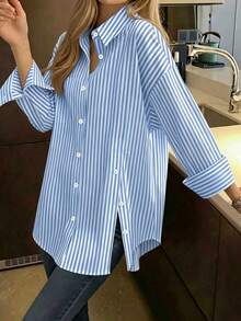 Women's Preppy Style Blue Striped Long Sleeve Button-Up Shirt, Classic Collar Design, Side Slit, Casual Loose Fit - Multicolor - View 2