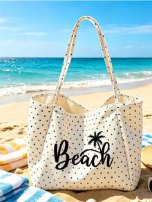 復古波點白色大容量單肩包套裝－印有「Beach」字母與棕櫚樹圖案，附白色小包的購物旅行托特包，可折疊單肩手提包，通勤托特包，平板收納包，夏季旅行必備包，適合海灘旅行、泳池日、購物與日常使用，返校季、教師節禮物 - 彩色 - 查看 13