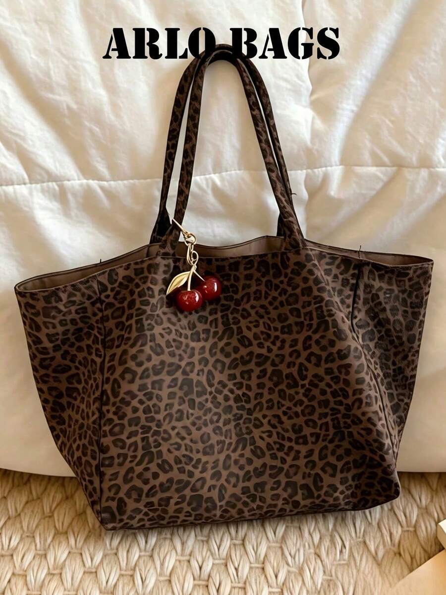 Bolso de mano con estampado de leopardo, bolso de hombro de gran capacidad, perfecto para el transporte diario - Marrón - Ver 1