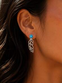 1 Pair Silver Hollow Feather/Leaf Ear Crawlers, Vintage Artificial Turquoise Stud Earrings, Bohemian Style For Women's Daily, Party And Vacation Wear - Silver - View 4