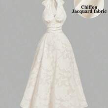 jianchaimaoyi02  MOD Vestido de gasa elegante de unicolor con cuello halter para mujer - Albaricoque - Ver 5